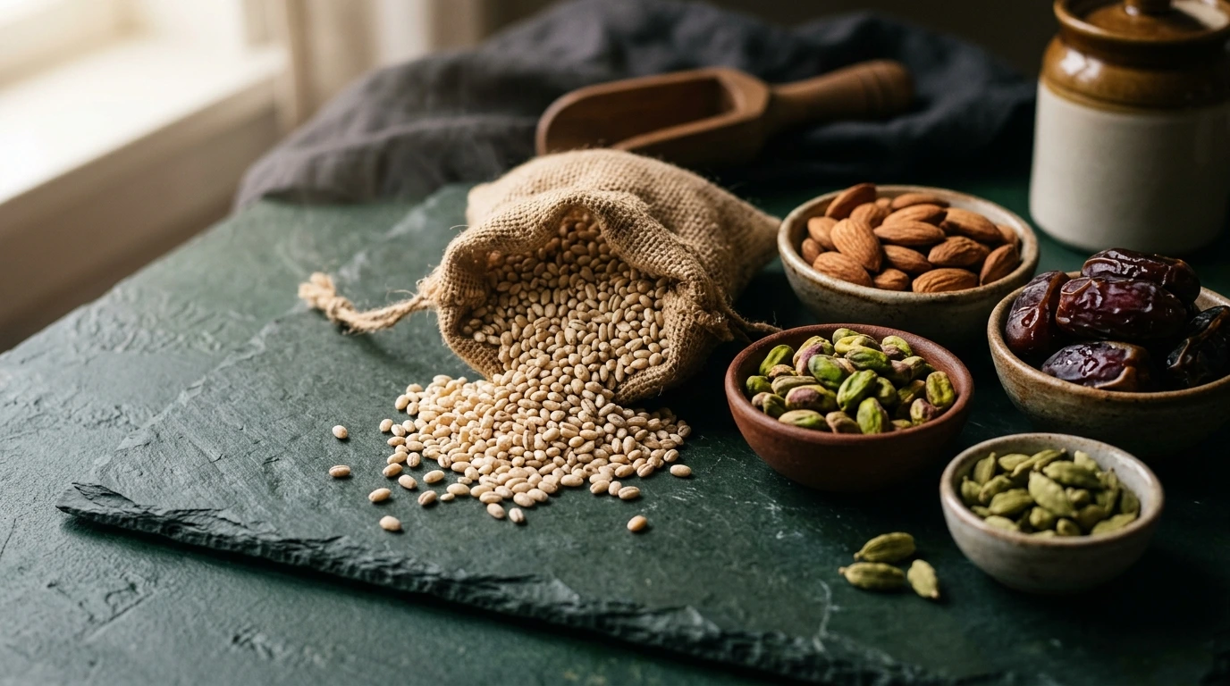 Artisanal raw whole ingredients including pearl barley, almonds, pistachios, dates and cardamom